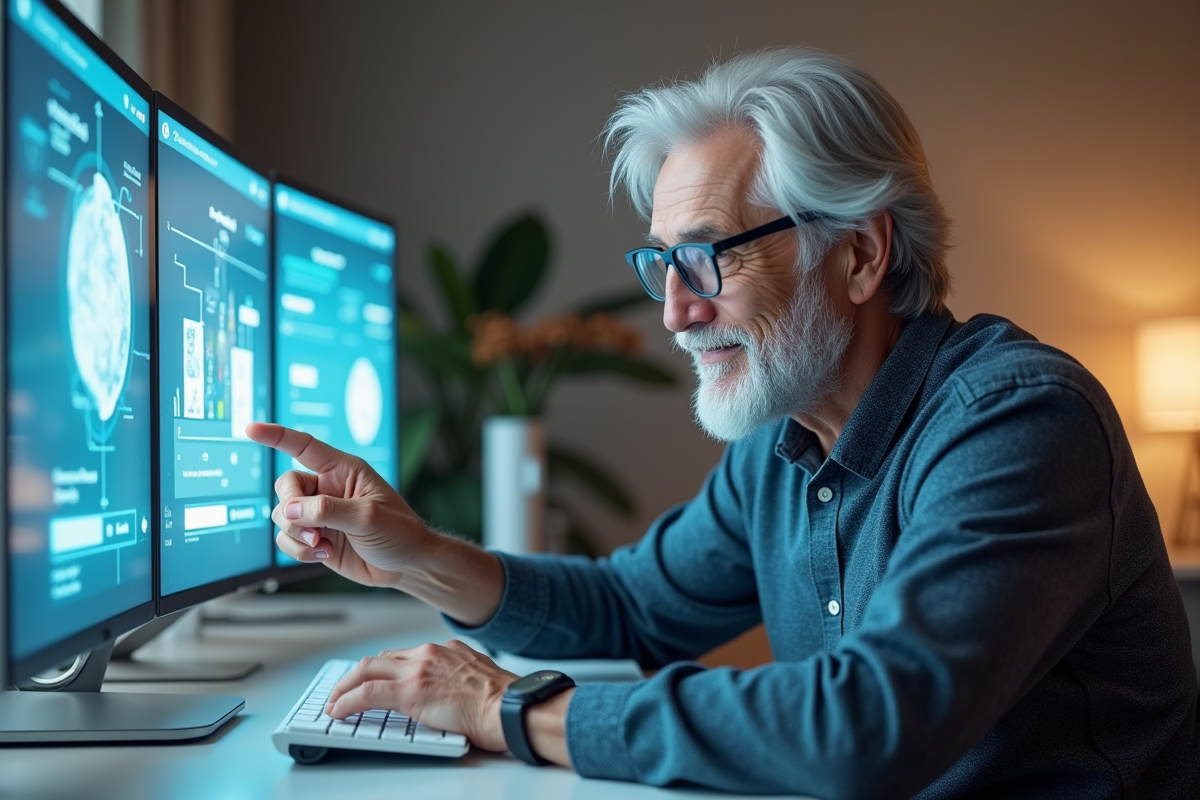 Homme âgé utilisant hologrammes dans un intérieur moderne