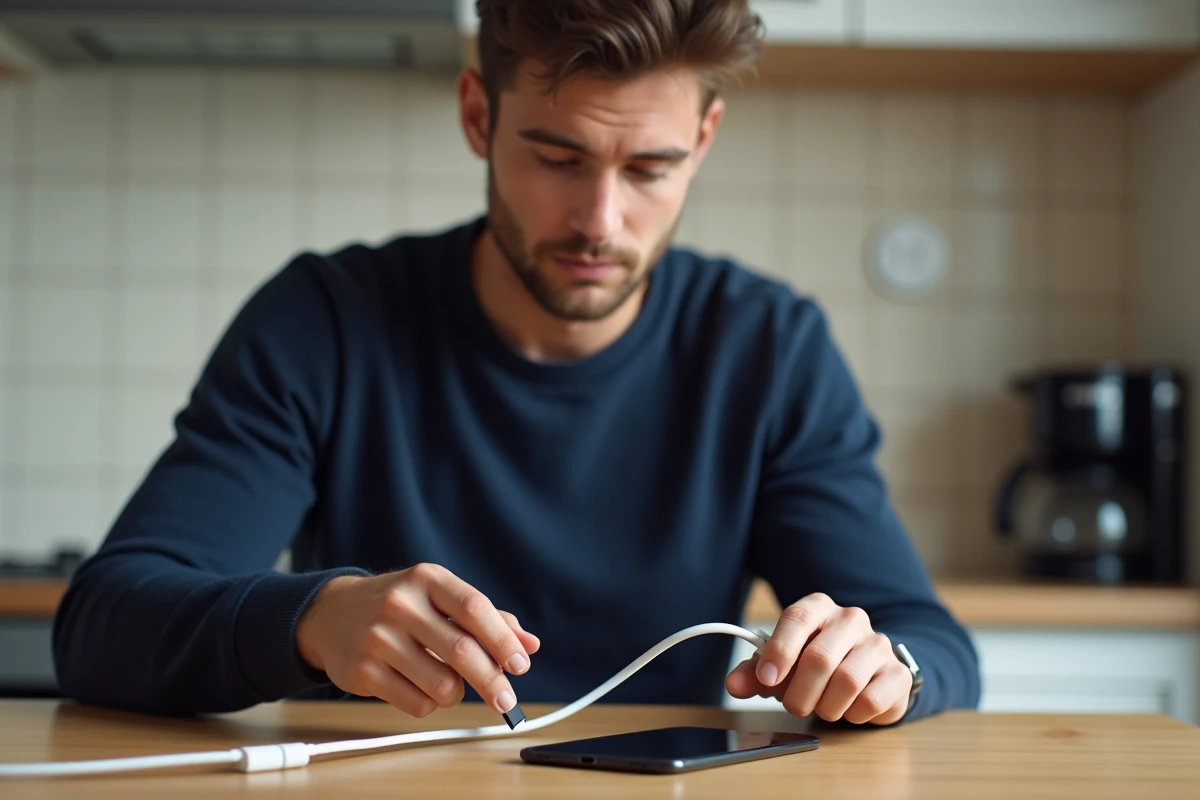 Homme branchant un câble USB Type-C sur son smartphone dans une cuisine moderne