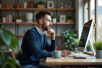 Homme en tenue décontractée travaillant à son bureau à domicile