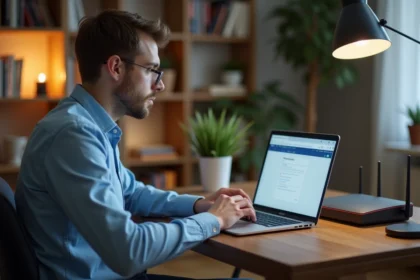 Homme en bureau à domicile travaillant sur son ordinateur portable