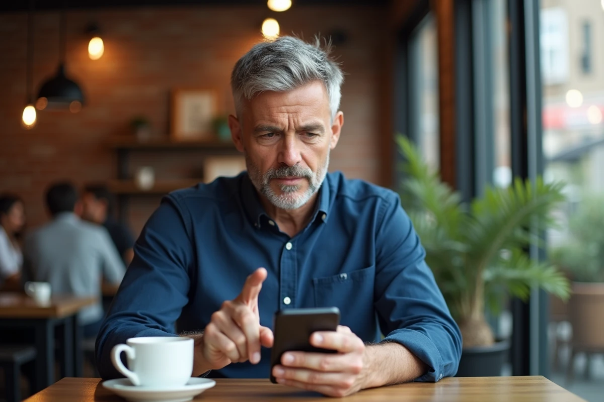 Homme dans un café consultant son téléphone Android pour accéder à la corbeille de fichiers supprimés