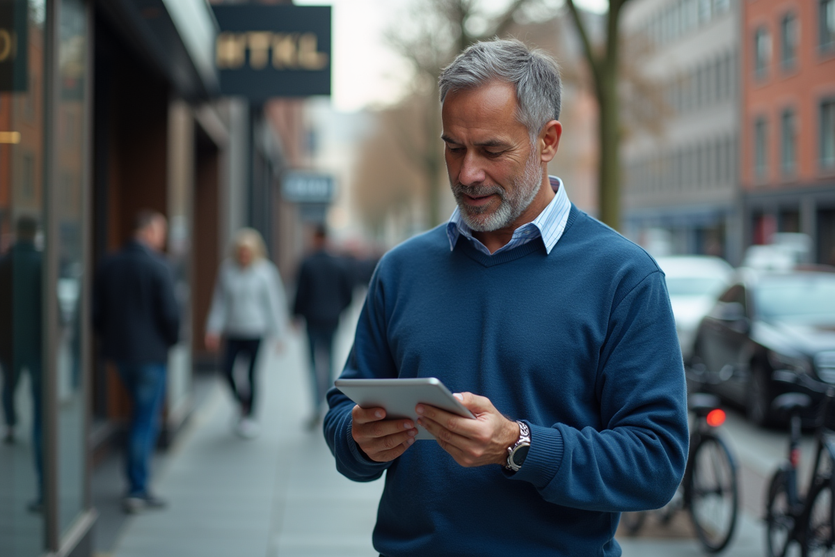 Homme lisant du code HTML devant un café en ville