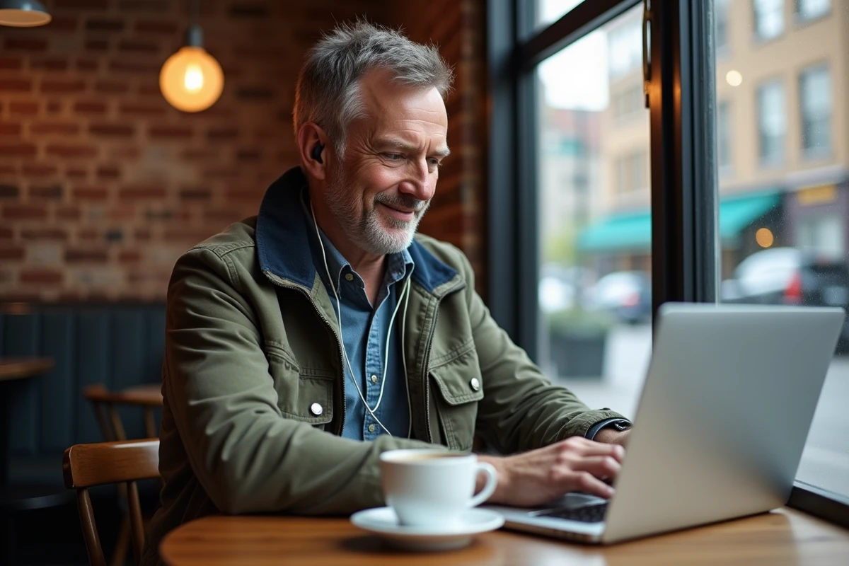 Homme au café naviguant sur son ordinateur portable
