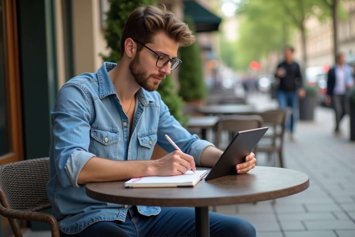 Homme lisant des astuces SEO en extérieur au café