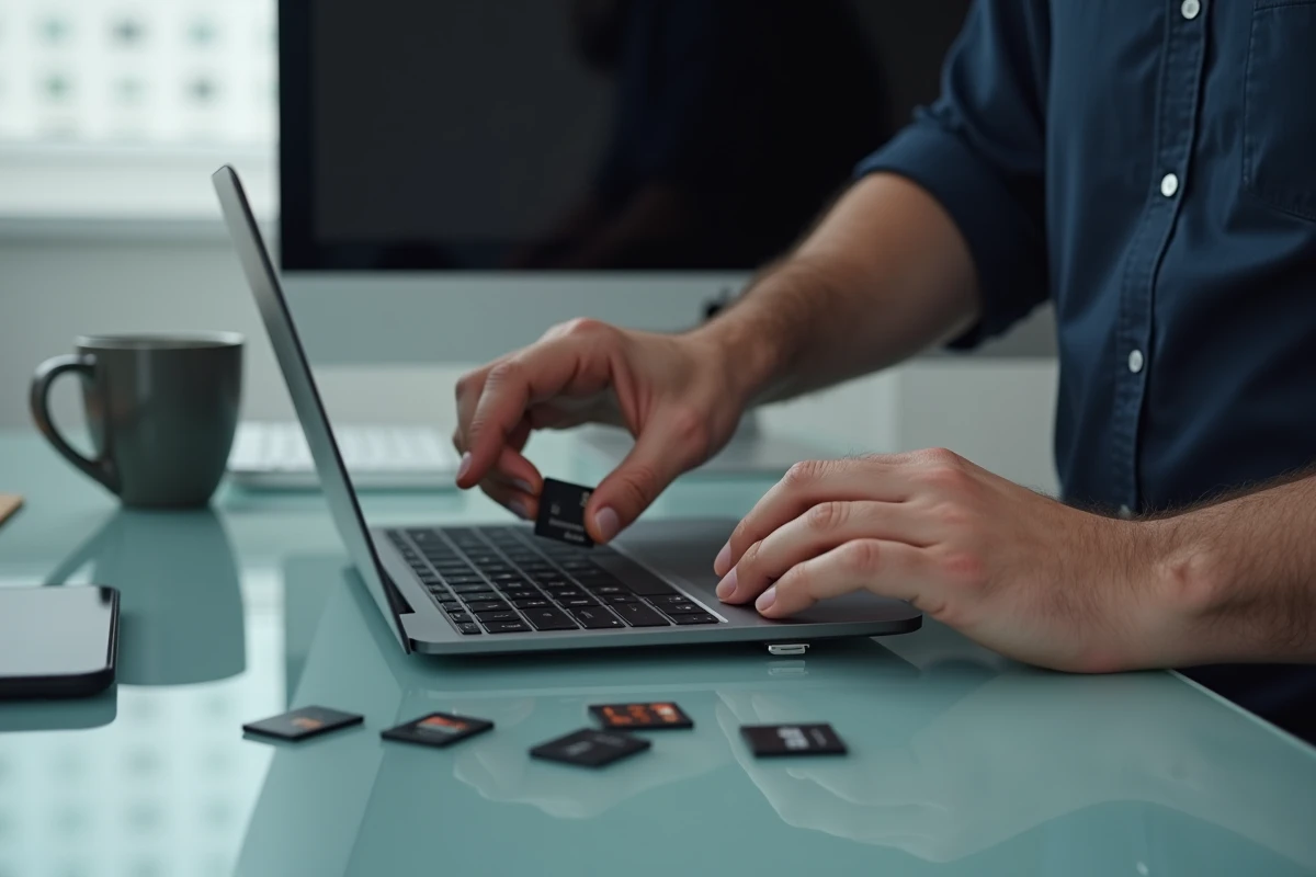 Homme insérant une carte SD dans un ordinateur portable sur un bureau minimaliste