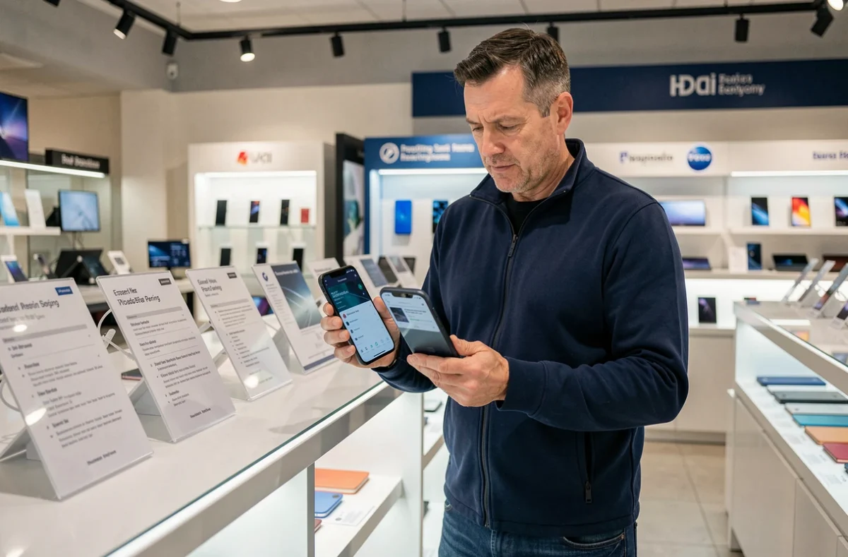 Homme comparant deux smartphones dans un magasin de téléphonie, évaluant les fiches techniques des appareils