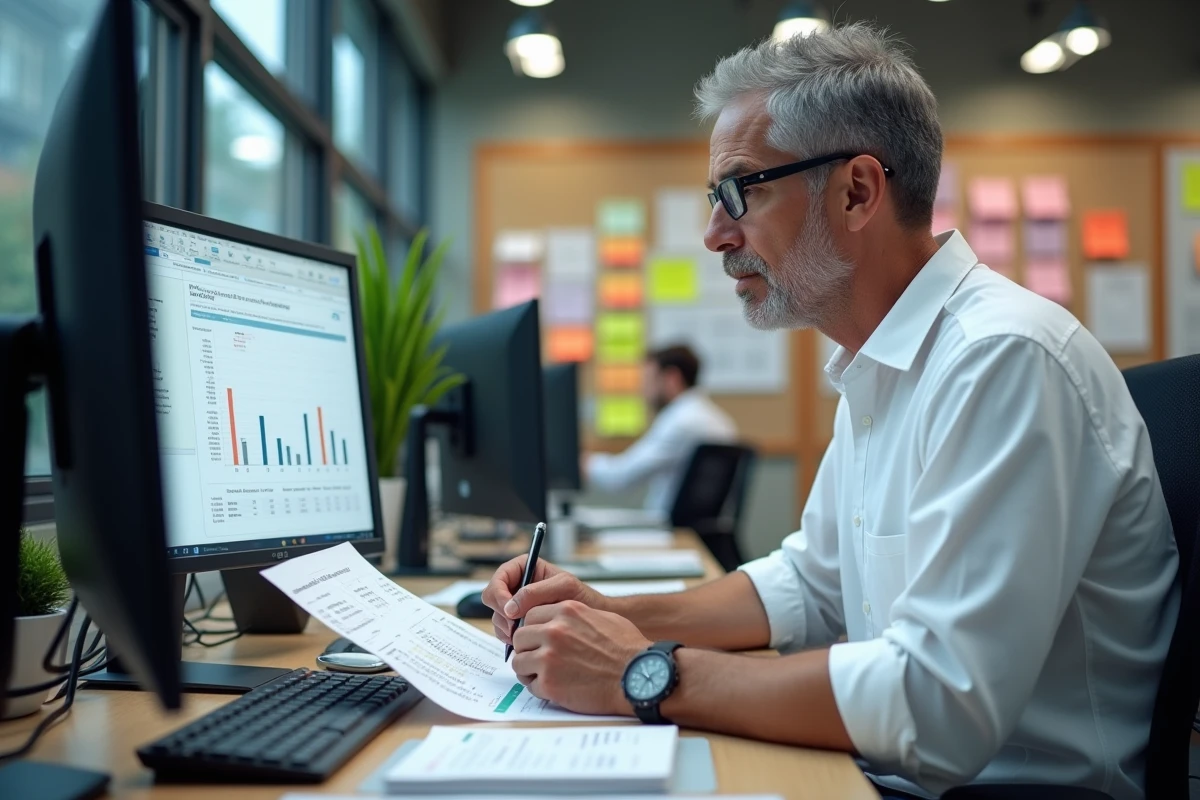 Homme d affaires étudiant un graphique sur un écran d ordinateur au bureau