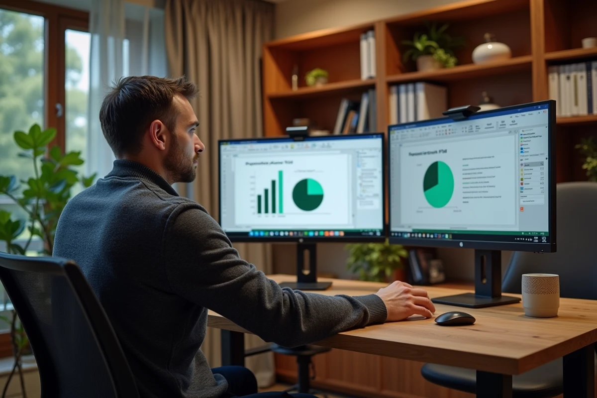 Homme travaillant sur un double écran avec un tableau Excel et une présentation PowerPoint contenant un camembert