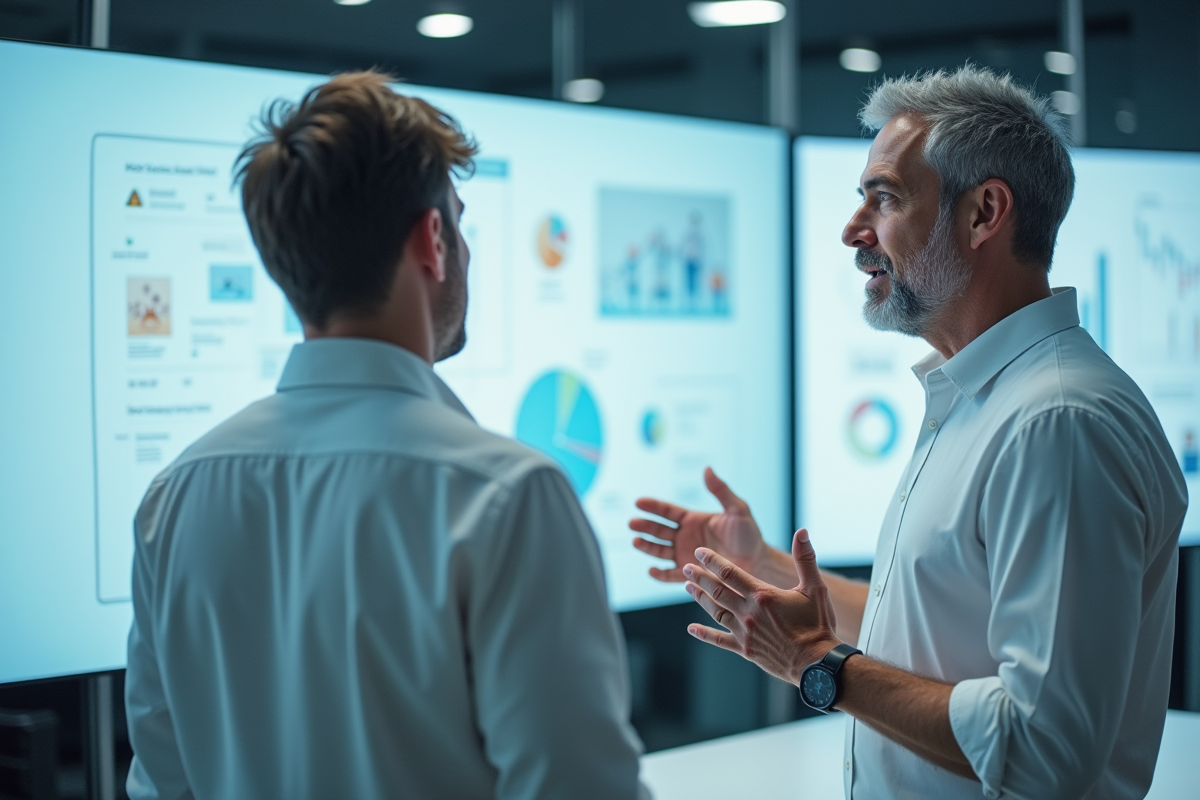 Homme expliquant devant tableau blanc interactif en bureau moderne