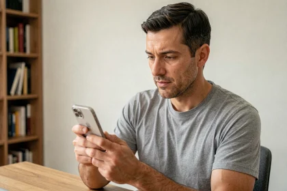 Homme tenant un ancien iPhone et l'évaluant dans un bureau minimaliste, symbolisant le rapport qualité-prix des anciens modèles Apple