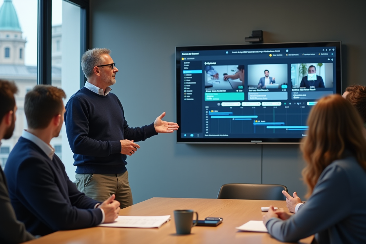 Homme expliquant un projet vidéo à une équipe dans une salle de réunion