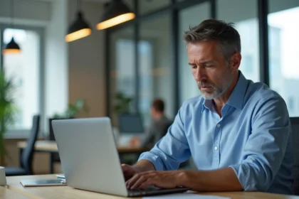 Homme d'âge moyen frustré devant son ordinateur au bureau