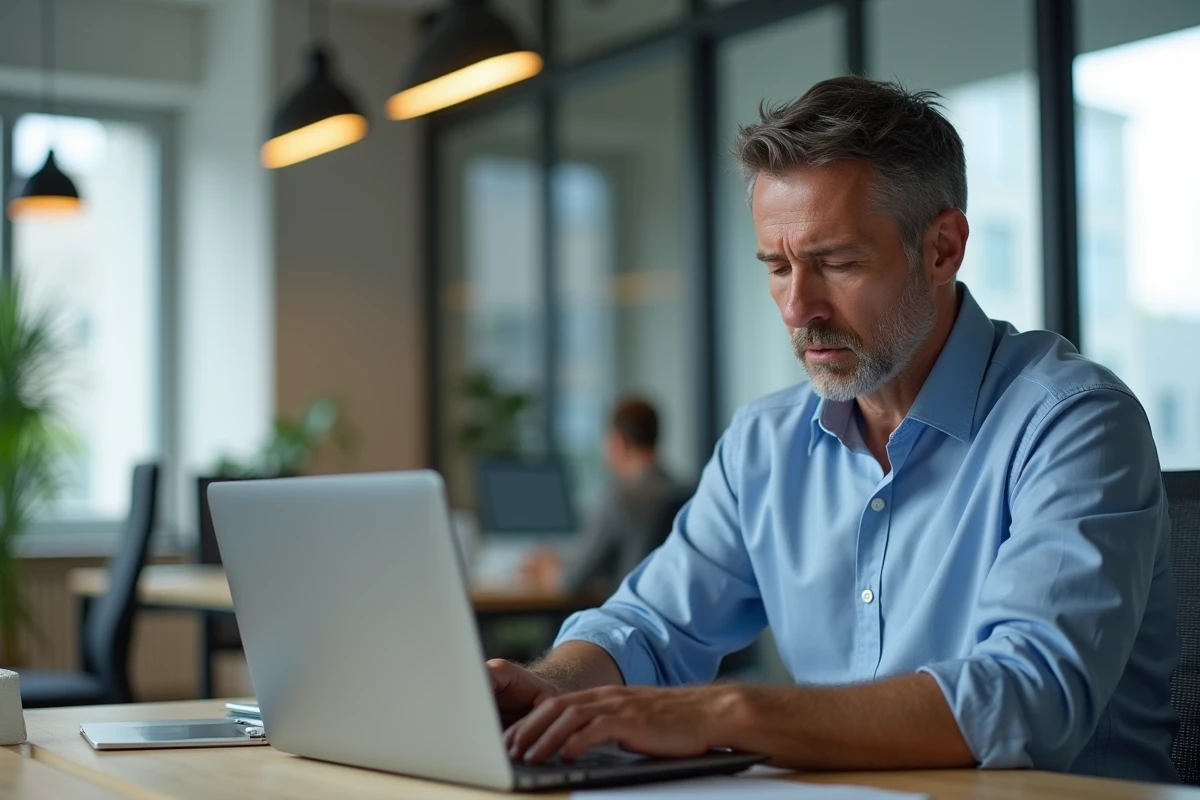 Homme d'âge moyen frustré devant son ordinateur au bureau