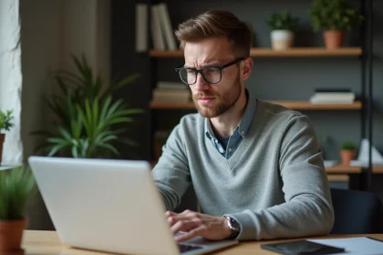 Homme frustré devant son ordinateur avec erreur de connexion