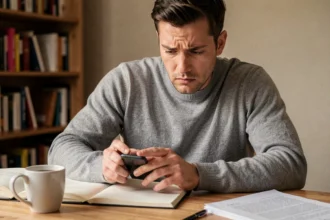 Homme frustré regardant son smartphone Android après avoir perdu un texte copié dans le presse-papier