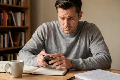 Homme frustré regardant son smartphone Android après avoir perdu un texte copié dans le presse-papier