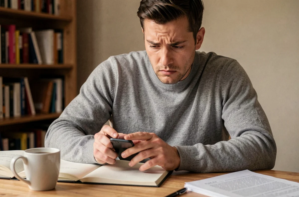 Homme frustré regardant son smartphone Android après avoir perdu un texte copié dans le presse-papier