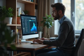 Homme d'âge moyen surveillant un écran d'ordinateur avec des outils forensiques