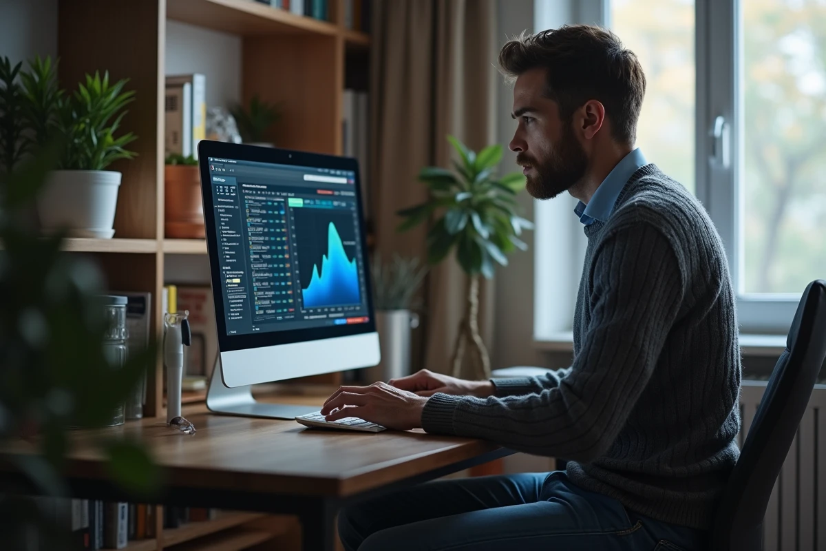 Homme d'âge moyen surveillant un écran d'ordinateur avec des outils forensiques