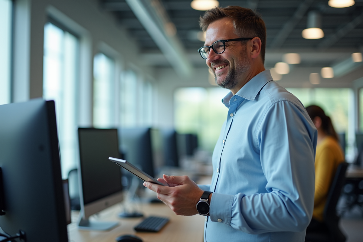Homme en bureau montrant la synchronisation cloud avec une tablette