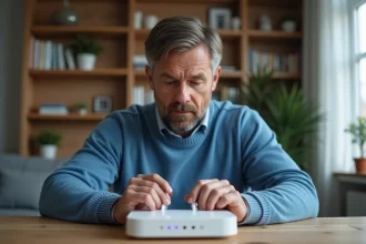 Homme d'âge moyen examinant un routeur connecté