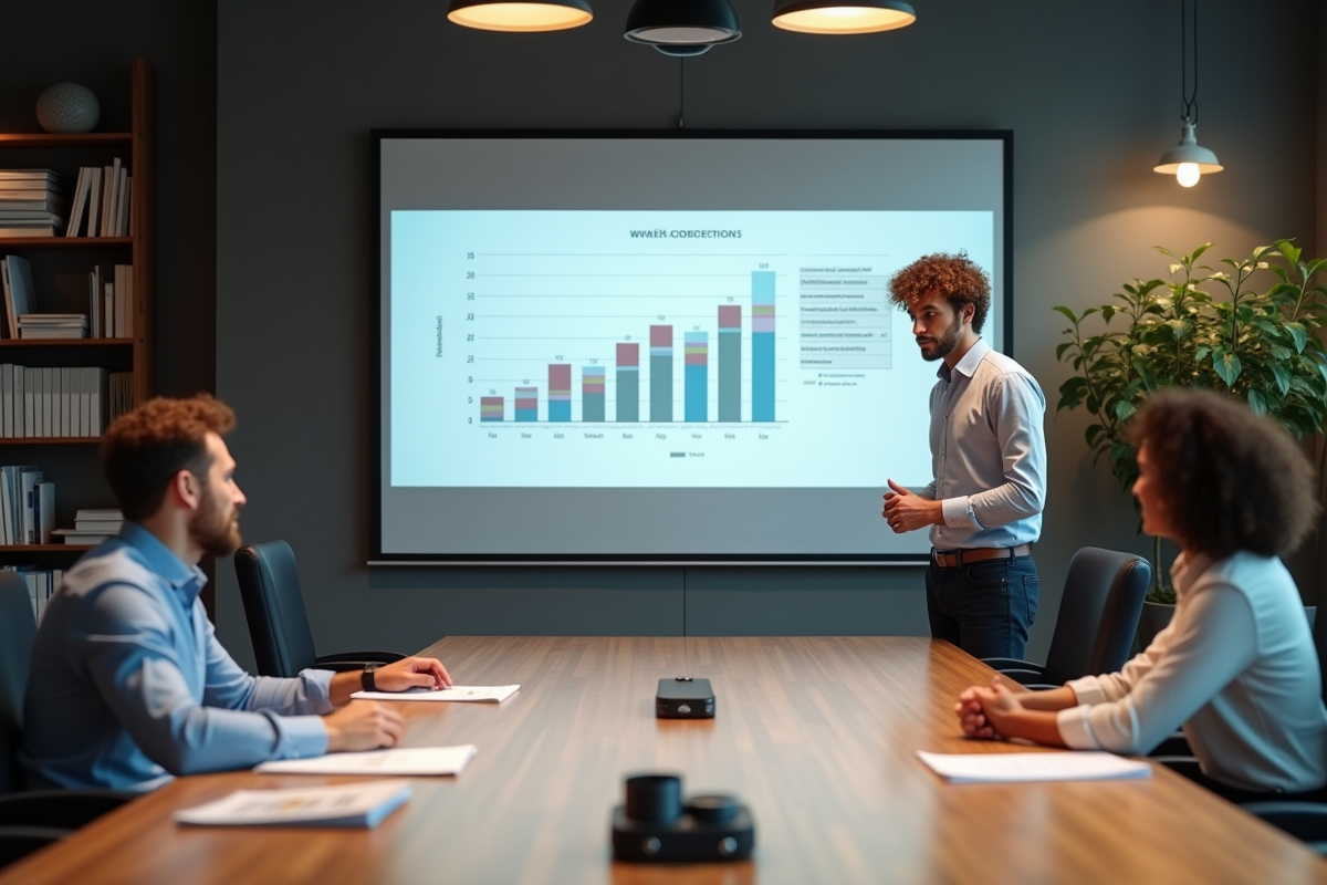 Homme présentant un graphique Excel à ses collègues en réunion