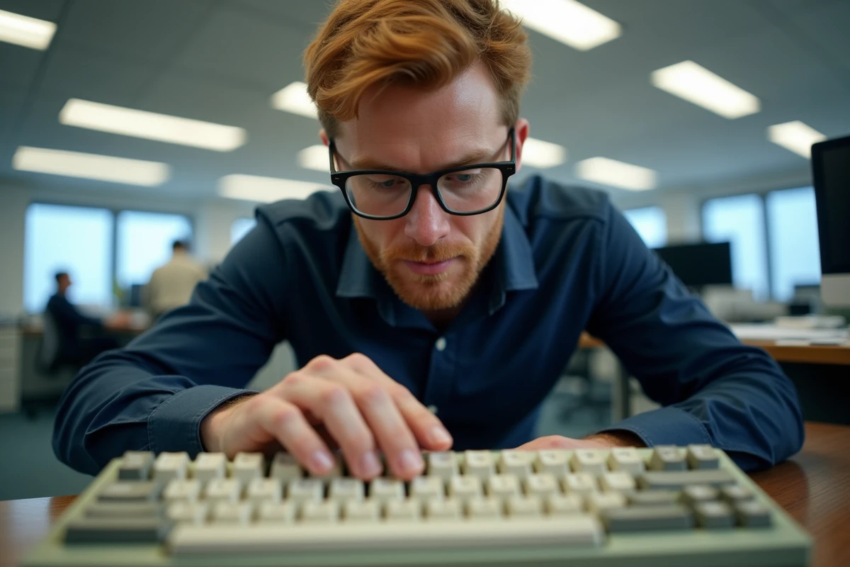 Homme cherchant la touche arobase sur un ancien clavier AZERTY dans un bureau professionnel