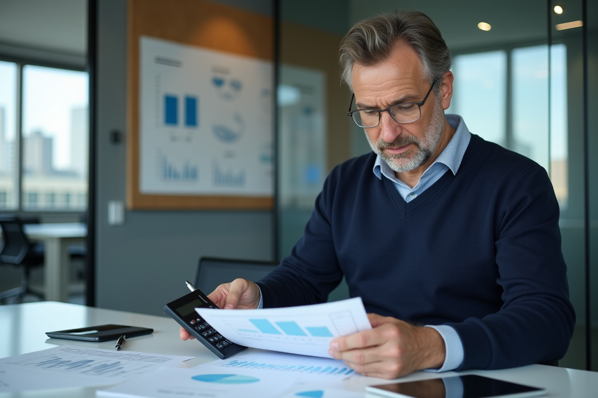 Homme d affaires analysant des rapports Shopify avec calculatrice dans un bureau moderne