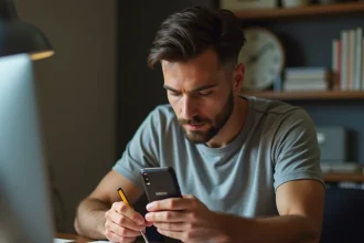Homme tenant un Samsung E250 et inspectant sa batterie à un bureau en bois pour prolonger sa durée de vie
