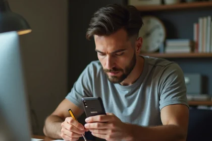 Homme tenant un Samsung E250 et inspectant sa batterie à un bureau en bois pour prolonger sa durée de vie