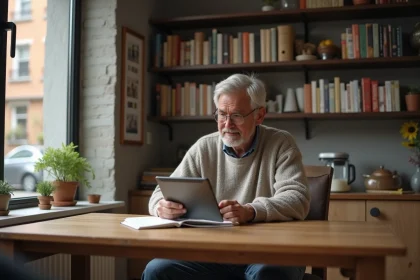 Homme d'âge moyen utilisant une tablette dans une cuisine chaleureuse