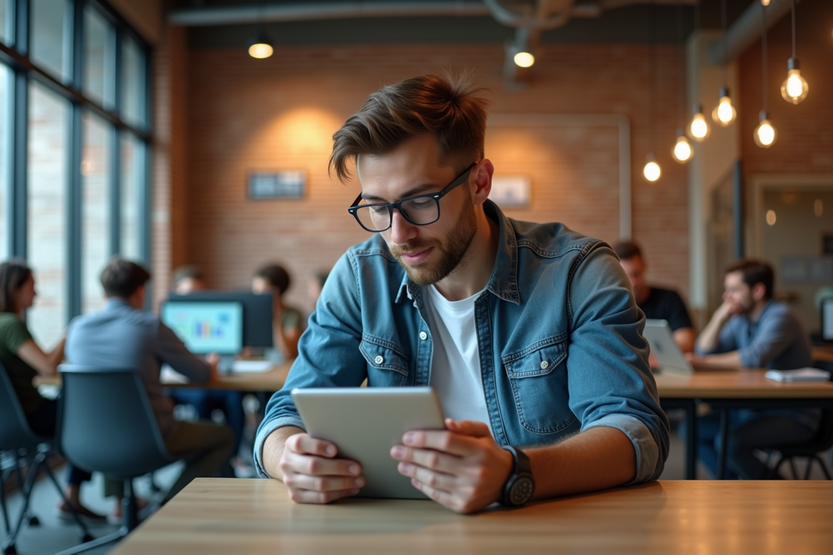 Homme en décontracte utilisant une tablette dans un espace de coworking