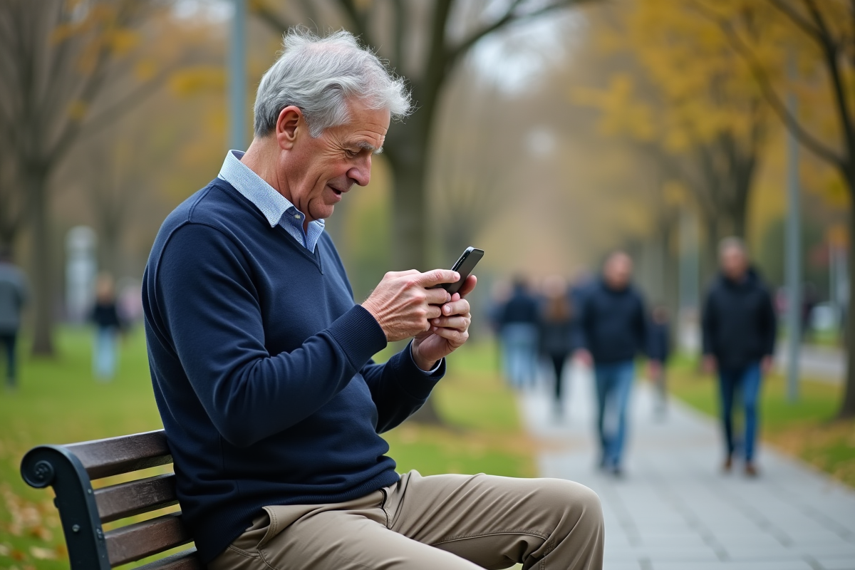 Homme âgé utilise son smartphone dans un parc urbain
