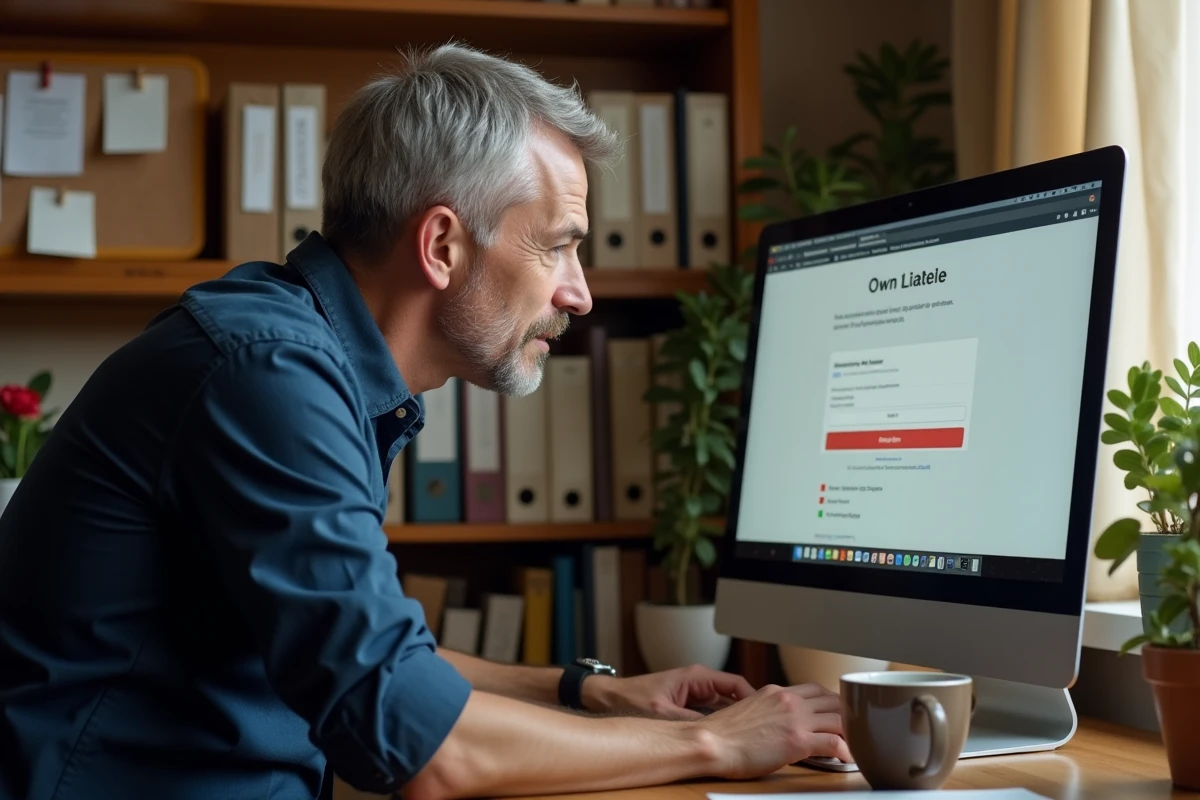Homme en télétravail tentant de se connecter à son mail IntraParis sur ordinateur de bureau