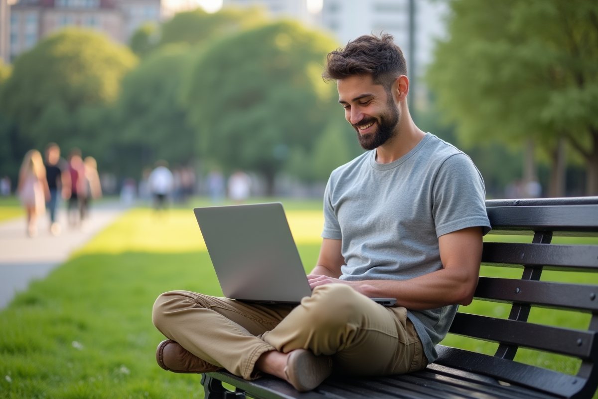 Jeune homme détendu travaillant sur son laptop dans un parc