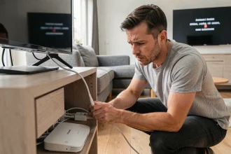 Homme vérifiant les câbles de sa box Bouygues derrière un meuble TV pour corriger un code erreur S1