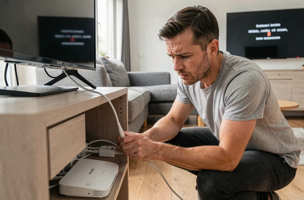 Homme vérifiant les câbles de sa box Bouygues derrière un meuble TV pour corriger un code erreur S1