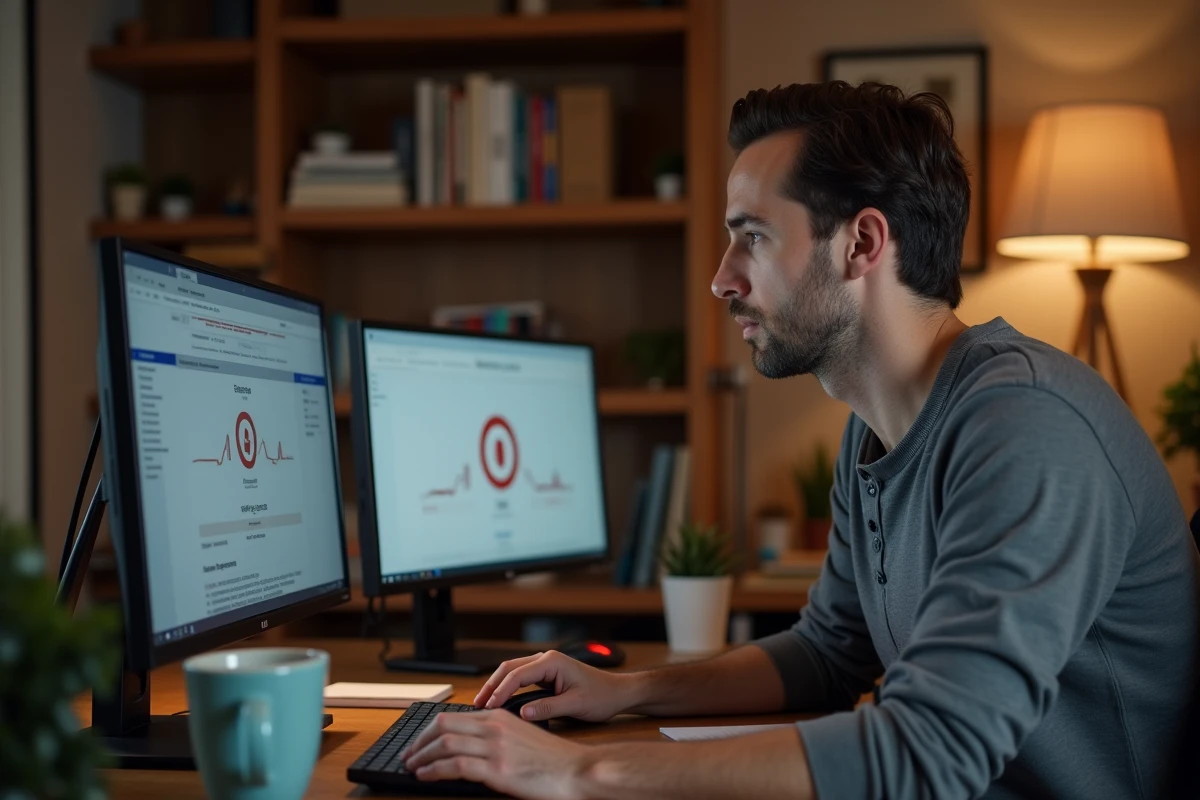 Homme vérifiant le tableau de bord de l'état des services d'une application web sur deux écrans à son bureau à domicile
