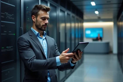 Responsable informatique hôtelier analysant un tableau de bord cloud dans une salle serveurs moderne adjacente à une réception d'hôtel