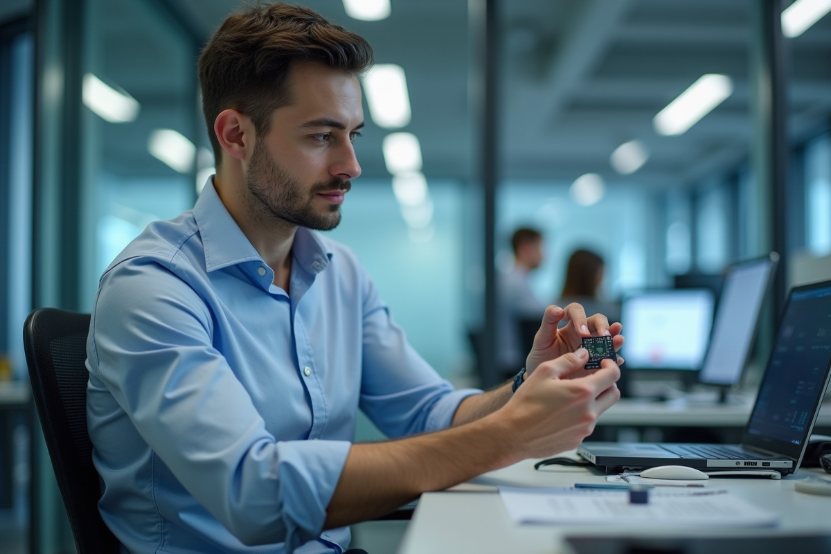 Jeune ingénieur examinant une puce neural dans un laboratoire moderne