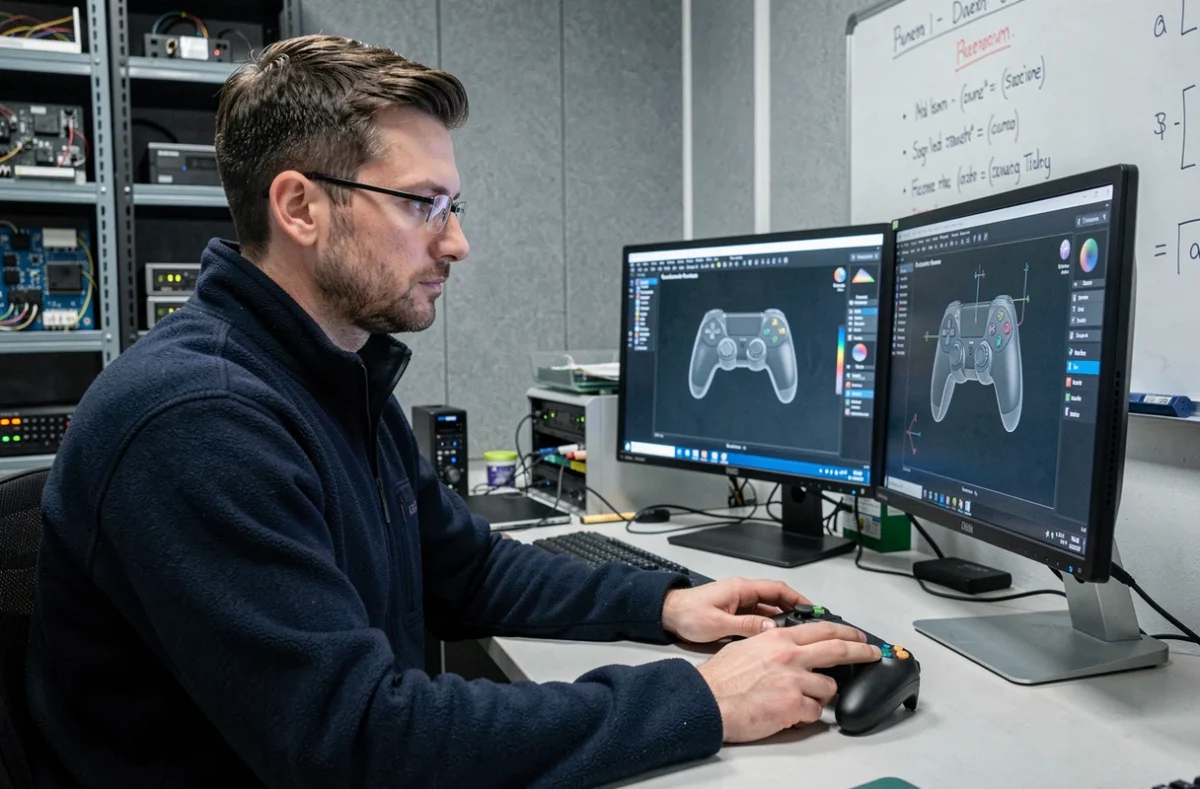 Ingénieur Microsoft travaillant sur les schémas CAD d'un contrôleur Xbox dans un laboratoire de développement technologique