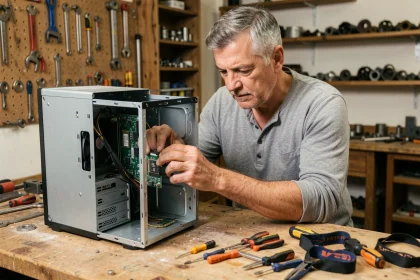 Technicien installant un SSD dans un vieux PC de bureau pour le booster sous Windows 10 en 2026