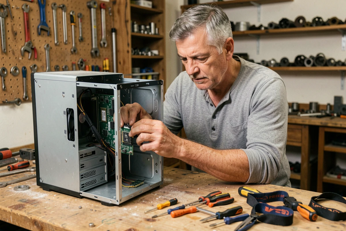 Technicien installant un SSD dans un vieux PC de bureau pour le booster sous Windows 10 en 2026