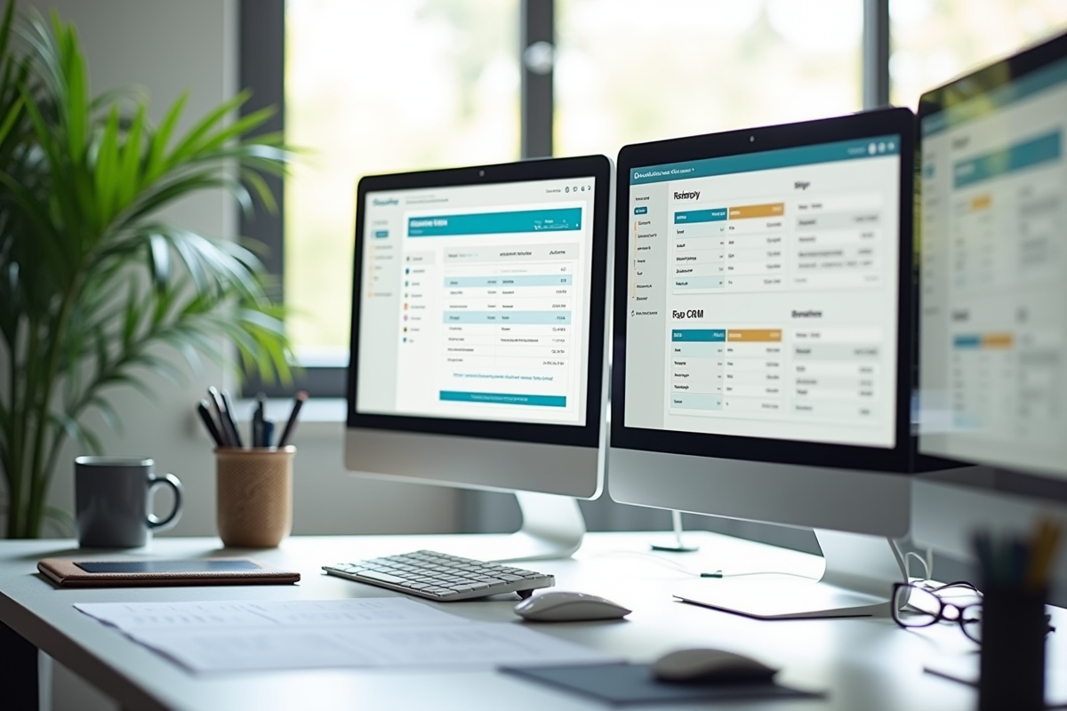 Écrans affichant différentes interfaces CRM sur un bureau minimaliste