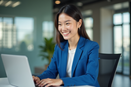 Jeune femme en blazer bleu interagissant avec un chatbot sur son ordinateur