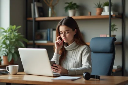 Jeune femme en bureau à domicile travaillant sur son ordinateur