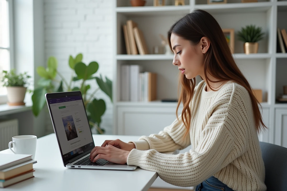 Jeune femme au bureau copiant un lien d'image sur son ordinateur
