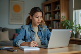 Jeune femme concentrée à son bureau avec ordinateur et notes