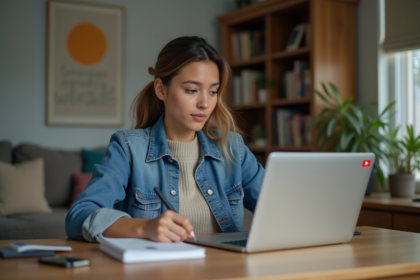 Jeune femme concentrée à son bureau avec ordinateur et notes