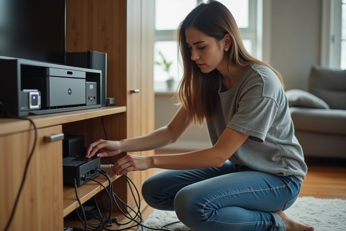 Jeune femme vérifiant des câbles de routeur dans un appartement